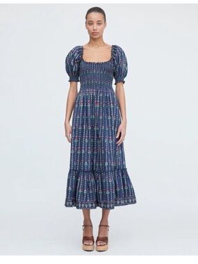 Navy Floral Midi Dress with Puff Sleeves